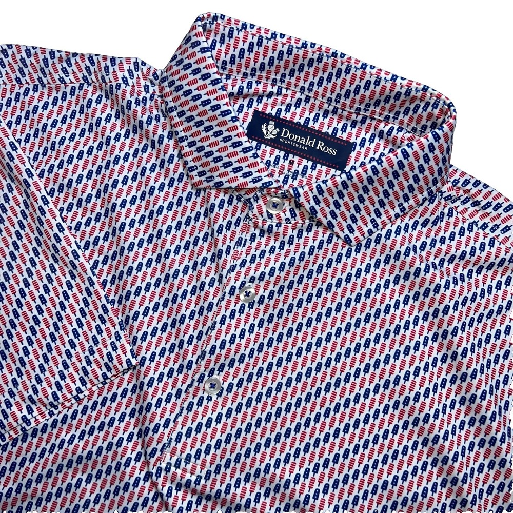 DONALD ROSS MEDIUM ALL‎ OVER PARTIOTIC USA POPSICLE LOGO GOLF POLO FRANKLIN UV